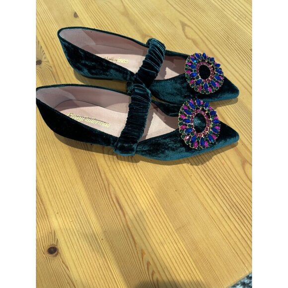 Pretty Ballerinas X FREE PEOPLE Avey Embellished Flats Green Velvet Size 37 NEW - Picture 3 of 6